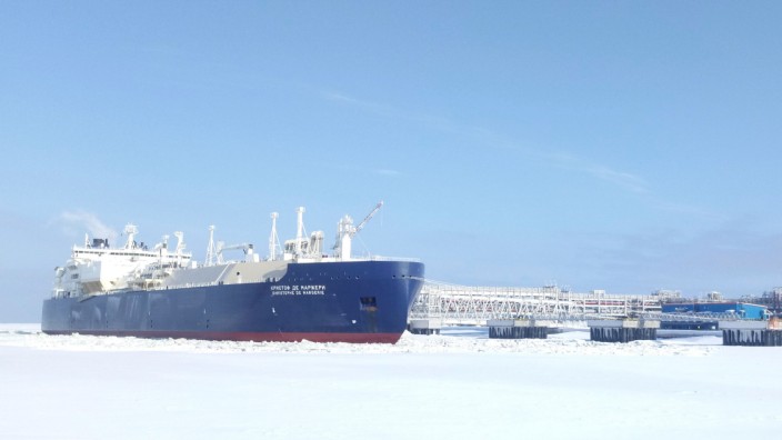 FILE PHOTO: Ice-breaking tanker Christophe de Margerie is docked in Arctic port of Sabetta