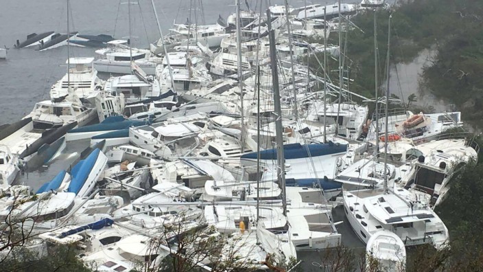 Pleasure craft lie crammed against the shore in Paraquita Bay after Hurricane Irma passed Tortola