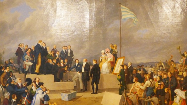 Volkach: Die Grundsteinlegung der Konstitutionssäule hat ein zeitgenössischer Maler im Bild festgehalten.