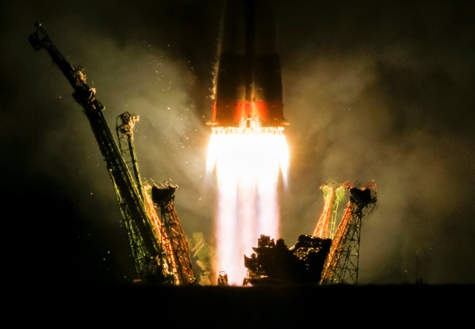 The Soyuz MS-06 spacecraft carrying the crew of crew Acaba and Vande Hei of the the U.S., and Misurkin of Russia blasts off to the International Space Station (ISS) from the launchpad at the Baikonur Cosmodrome