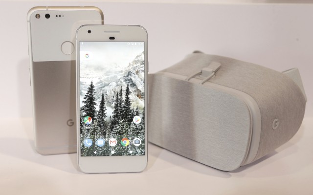 Google Pixel phones and the Google Daydream View VR viewer are displayed during the presentation of new Google hardware in San Francisco