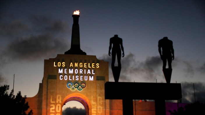 An LA2028 sign is seen at the Los Angeles Coliseum on the day Los Angeles was awarded the 2028 Olympic Games, in Los Angeles