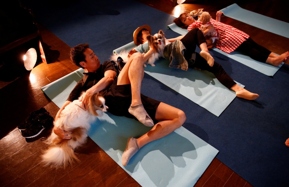 Pet owners attend a pet yoga session at the Pet Rainbow Festa, a pet funeral expo targeting an aging pet population, in Tokyo