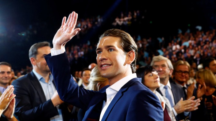 Top candidate of Austria's Peoples Party (OeVP) Kurz waves at his party's election campaign rally in Vienna