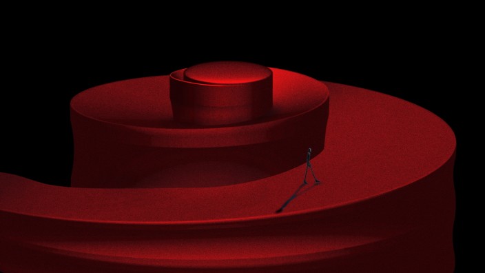 Digitale Kunst: „Promenade“, so nannte der Physiker Spizzichino diese gigantische rote Schnecke, auf der eine winzige Figur marschiert. Er spielt mit der Fibonacci-Spirale, Mussorgskis „Bildern einer Ausstellung“, und einer Figur, die an „L’homme qui marche“ des Schweizer Bildhauers Alberto Giacometti erinnert.