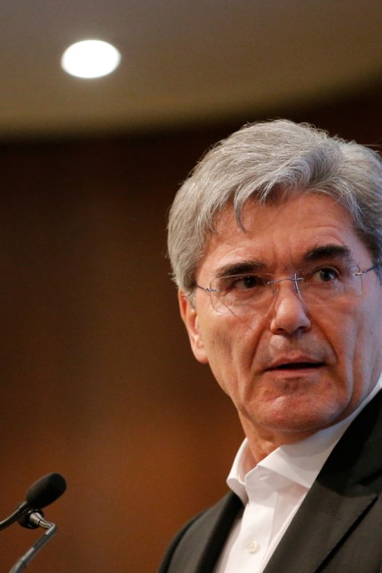 Siemens President and CEO Joe Kaeser attends a news conference with Alstom CEO to announce their deal to merge their rail operations, creating a European champion, in Paris