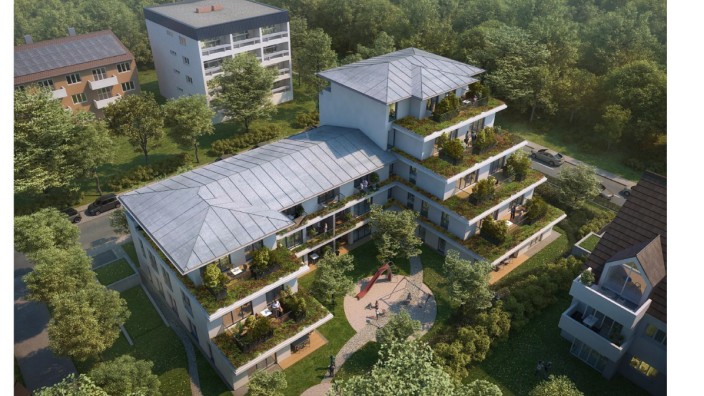 Bezahlbarer Wohnraum: Die Mehrheit des Pullacher Gemeinderates will an der Heilmannstraße ein bis zu fünfstöckiges Mietshaus mit 22 sozial geförderte Wohnung bauen. Das Bild zeigt eine Simulation.