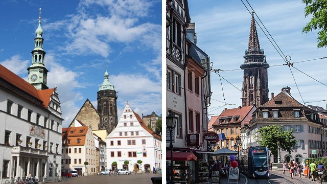 Tag der Deutschen Einheit: Pirna (links) und Freiburg (rechts) - gleich schön und doch völlig unterschiedlich.