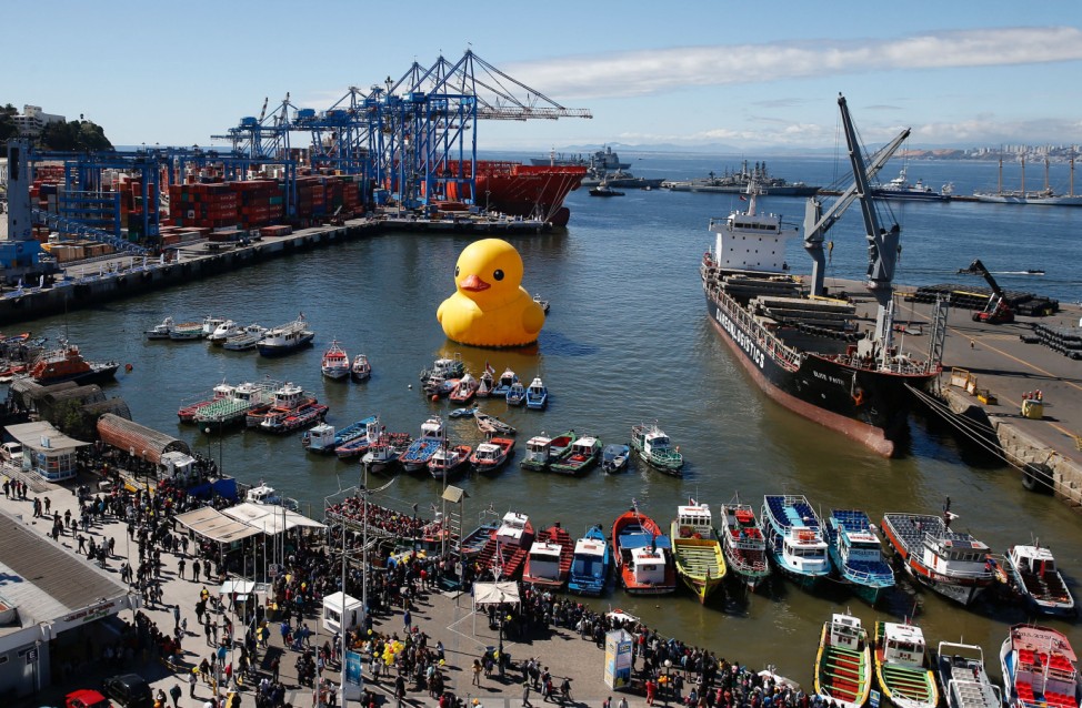An installation of an inflatable Rubber Duck made by Dutch artist,  Florentijn Hofman, is seen in Valparaiso port