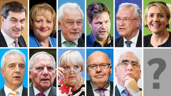 Schwarz-Gelb-Grün: Markus Söder (CSU; obere Reihe, von links), Sabine Leutheusser-Schnarrenberger (FDP), Wolfgang Kubicki (FDP), Robert Habeck (Grüne), Joachim Herrmann (CSU), Simone Peter (Grüne), Stanislaw Tillich (CDU; untere Reihe, von links), Wolfgang Schäuble (CDU), Claudia Roth (Grüne), Peter Altmaier (CDU), Theo Waigel (CSU) und ?