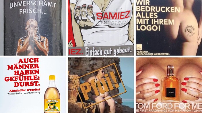 Sexismus: Die nackte Frau als Werbeträger für einen Lebensmittelhändler, einen Gerüstebauer, eine Werbeagentur (oben von links nach rechts), einen Autovermieter und ein Parfum (unten). Auch die Almdudler-Kampagne hält Pinkstinks für ein Problem.