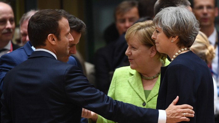 Atom-Deal: Europäisches Dreigestirn: der französische Präsident Macron, Kanzlerin Merkel und die britische Premier May beim EU-Gipfel im Juni in Brüssel.