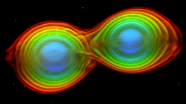 Durchbruch in der Physik: Eine Simulation zeigt, wie der Todestanz zweier Neutronensterne vermutlich abläuft: Die Sterne umkreisen sich immer enger, bis sie verschmelzen und zu einem Schwarzen Loch werden. Die Kollision erzeugt Gravitationswellen.