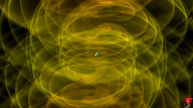 Durchbruch in der Physik: Bei der Verschmelzung der Neutronensterne werden Gravitationswellen abgestrahlt, in dieser Simulation gelb dargestellt. Die Wellen einer solchen Kollision sind stark genug, um sie auf der Erde zu messen.