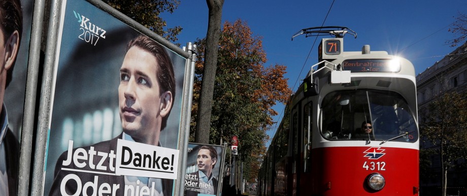 A sticker reading 'Thank you!' is seen on an election campaign poster with Kurz of the OeVP as a tramway passes in Vienna