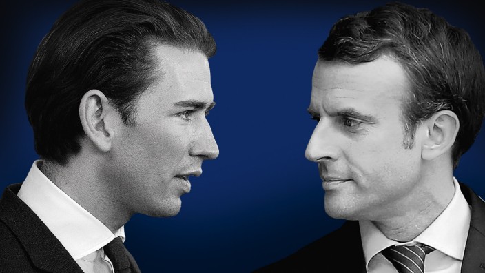 Europas neue Politiker: Emmanuel Macron (rechts) und Sebastian Kurz sind beide der Heldenkategorie zuzurechnen. Und doch unterscheiden sie sich. (Fotos: Getty, dpa, Collage: SZ)