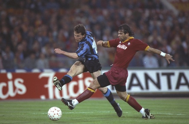 Lothar Matthaus of Inter Milan and Sabastiano Nela of AS Roma; Weltfußballer