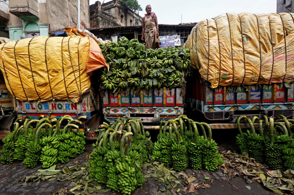 A worker unloads raw bananas from a truck at a wholesale market in Kolkata