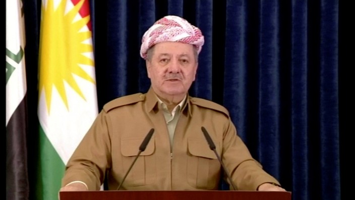 A still image taken from a video shows Kurdish President Masoud Barzani giving a televised speech in Erbil