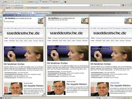 Anzeige einee Website gleichzeitig in drei Rendering-Engines, sueddeutsche.de