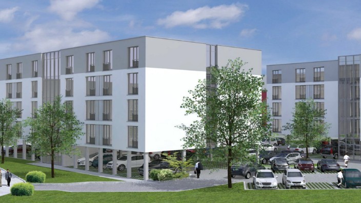 Unterföhring: Oben Wohnungen, unten Autos: So sollen die Apartmenthäuser aussehen. Simulation: Architekt Hans Meier