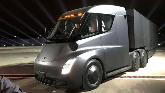 Tesla's new electric semi truck is unveiled during a presentation in Hawthorn