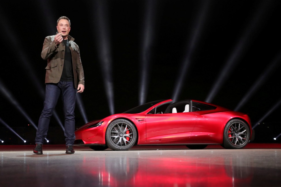 Tesla CEO Elon Musk unveils the Roadster 2 during a presentation in Hawthorne, California