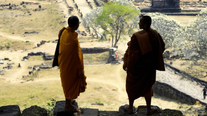 Illustration picture shows monks during a visit to the Vat Phou temple south of Pakse Laos Thursda