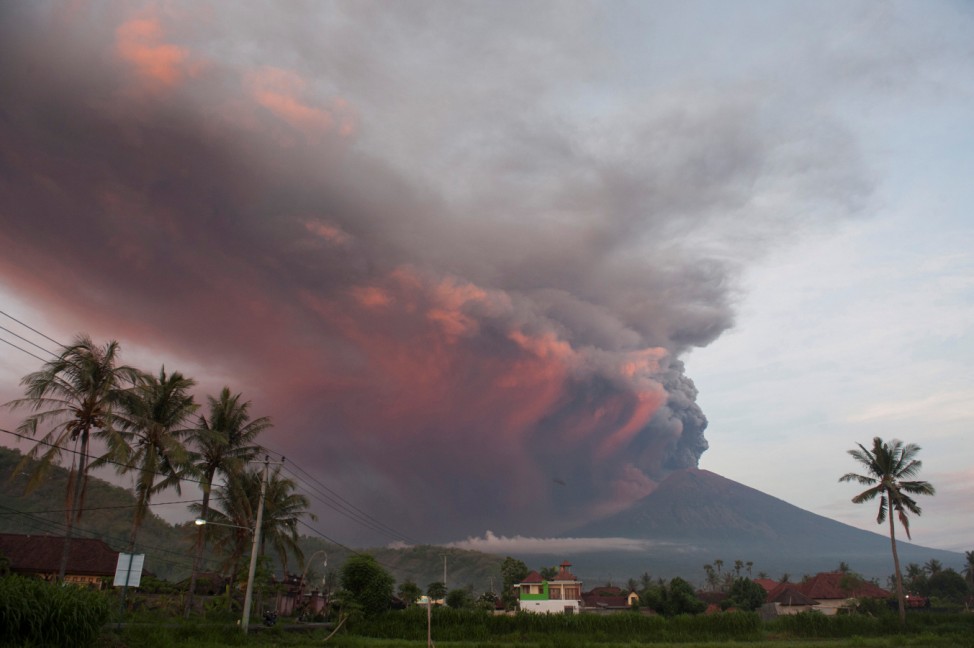 Mount Agung volcano erupts as seen from Culik Village, Karangasem, Bali