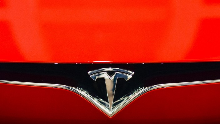 Grünheide: Das Logo der Marke Tesla an einem Model S.