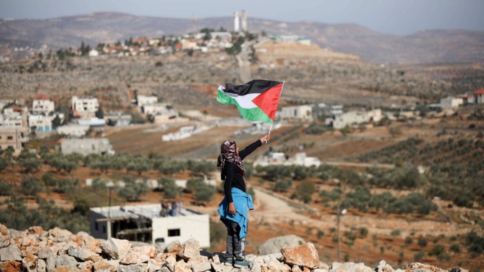 December 8 2017 Nablus West Bank Palestine A Palestinian Children holds a Palestinian flag du