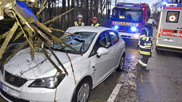 Unwetter: Ein Baum fällt zwischen Oberschweinbach und Mammendorf auf ein Auto.