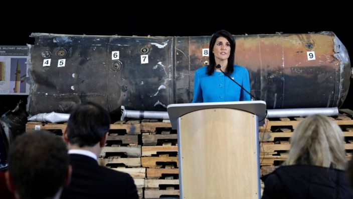 U.S. Ambassador to the United Nations Nikki Haley briefs the media in front of remains of Iranian 'Qiam' ballistic missile in Washington