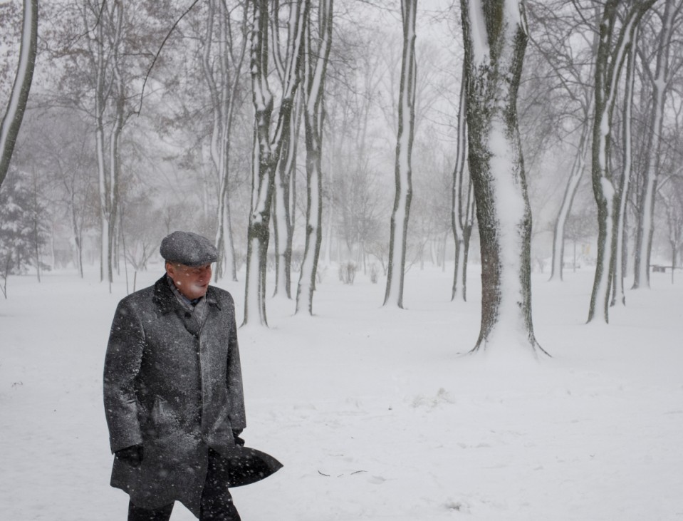 A man walks in a park during a heavy snowfall in Kiev