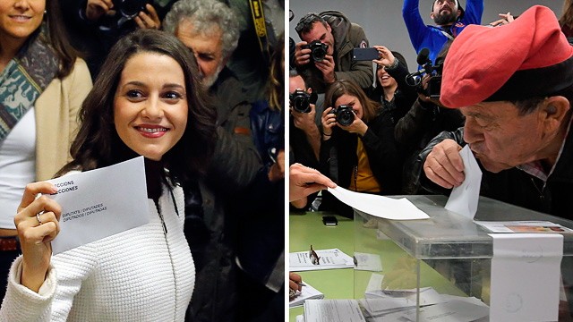 Katalonien: Links die Ciutadans-Kandidatin Inés Arrimadas, die sich gegen die Unabhängigkeit einsetzt, rechts ein Mann in Barretina, der traditionell katalanischen Kopfbedeckung. Unschwer zu erraten, wie seine Wahl ausfällt.