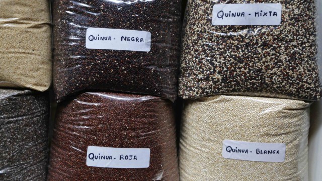 Different varieties of Quinoa are displayed at a market in Lima's Surquillo district