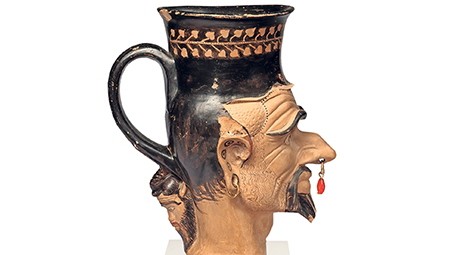 Antike: Kopfgefäß mit Darstellung des etruskischen Todesdämons Charun, 400-350 v.Chr.