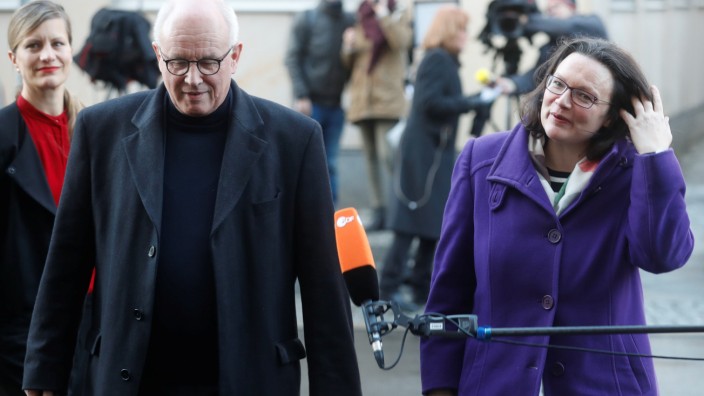 Kauder of the Christian Democratic Union (CDU) and Social Democratic Party (SPD) parliamentary group leader Nahles arrive for talks to discuss forming a government with the Christian Social Union (CSU) and Christian Democratic Union (CDU) in Berlin