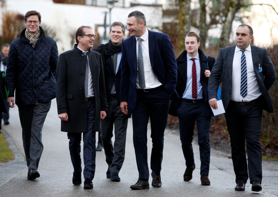 Alexander Dobrindt of the Christian Social Union (CSU) and Kiev Mayor Vitali Klitschko arrive for a CSU party meeting at 'Kloster Seeon' in Seeon