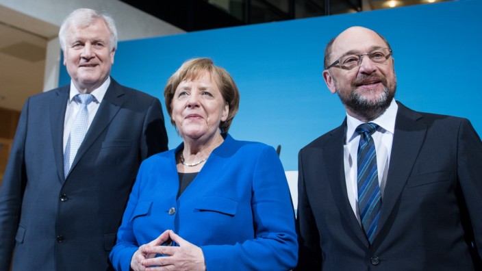 Horst Seehofer, Angela Merkel und Martin Schulz bei der Vorstellung ihrer Gesprächsergebnisse.
