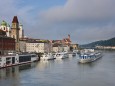 Cruise ship passing on the River Danube Passau Bavaria Germany Europe PUBLICATIONxINxGERxSUIxAUT