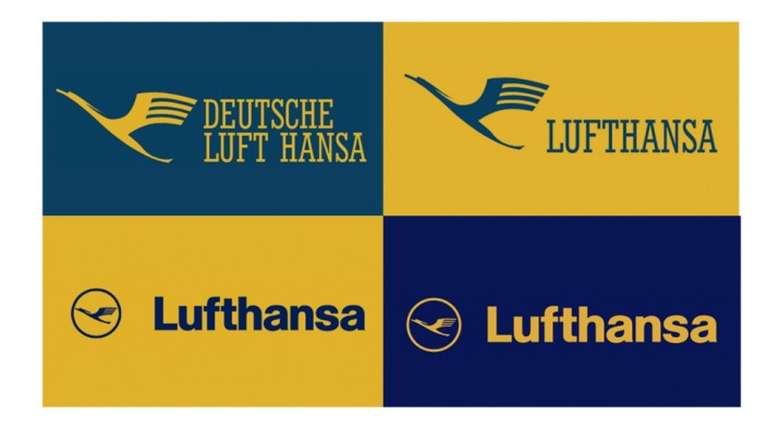 Lufthansa: Ihr Kranich ist der Lufthansa heilig. Sie hat ihr Logo - im Uhrzeigersinn aus den 20er-Jahren des 20. Jahrhunderts, zwei aus den 50er-Jahren, das vierte aktuell - nur vorsichtig verändert.