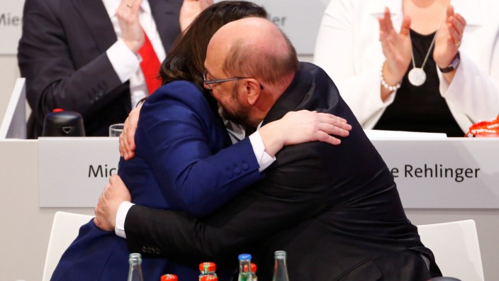 SPD leader Schulz SPD parliamentary group leader Nahles react after voting result during the SPD's one-day party congress in Bonn
