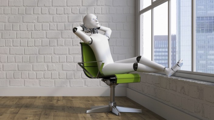 Robot sitting on swivel chair, looking out of window