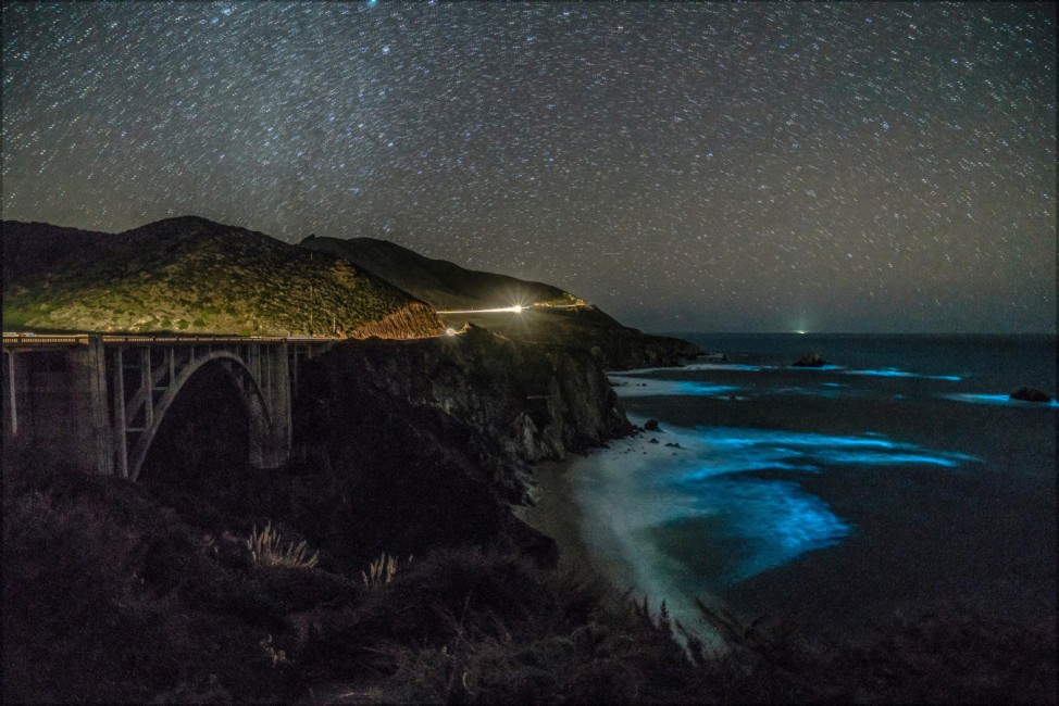 Bioluminescent phytoplankton is seen along the coastal waters at Big Sur