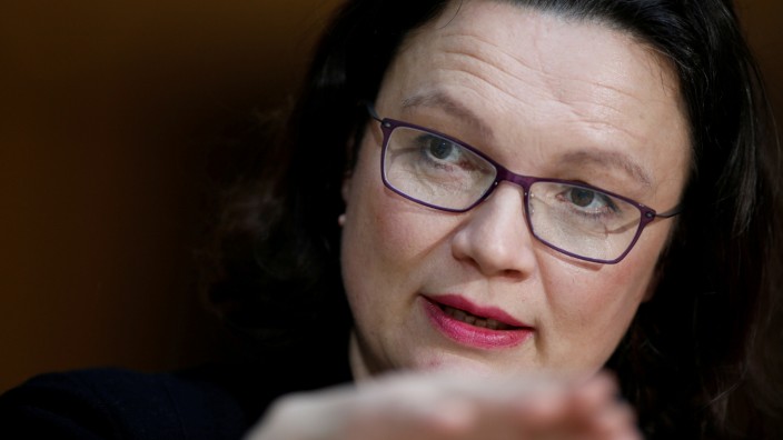 FILE PHOTO: GermanyâÄÖs Social Democrats (SPD) parliamentary group leader Andrea Nahles gives a statement about coalition talks forming a new coalition government in Berlin