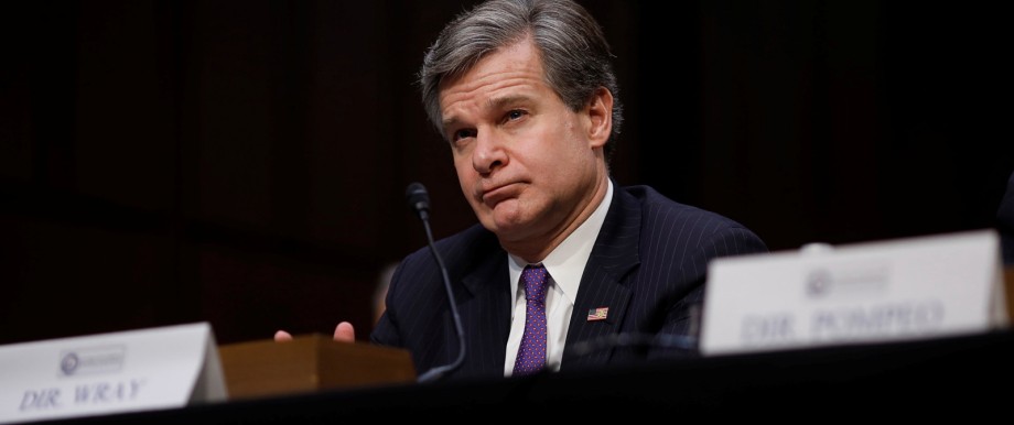 Federal Bureau of Investigation (FBI) Director Christopher Wray testifies before the Senate Intelligence Committee on Capitol Hill in Washington