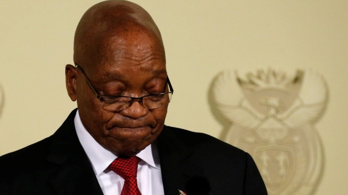 South Africa's President Jacob Zuma looks down as he speaks at the Union Buildings in Pretoria