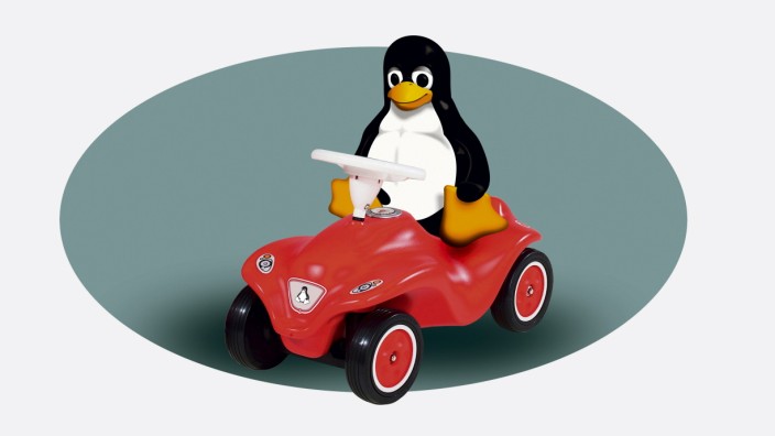 Software: Am Steuer: Das Betriebssystem Linux, symbolisiert durch den Pinguin Tux, ist in vielen Bereichen schon führend. Wenn es nach seinen überzeugten Anhängern geht, bald auch in Autos. Illustration: Stefan Dimitrov