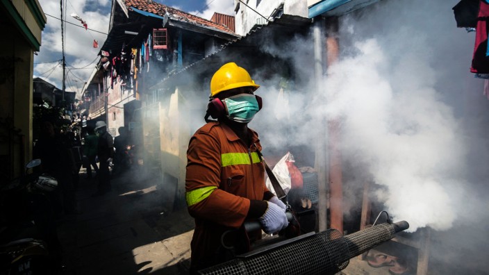 Infektionskontrolle: Um die Gelbfiebermücke zu eliminieren, räuchern Gesundheitsarbeiter ein dicht besiedeltes Viertel der indonesischen Stadt Surabaya auf Ostjava aus.